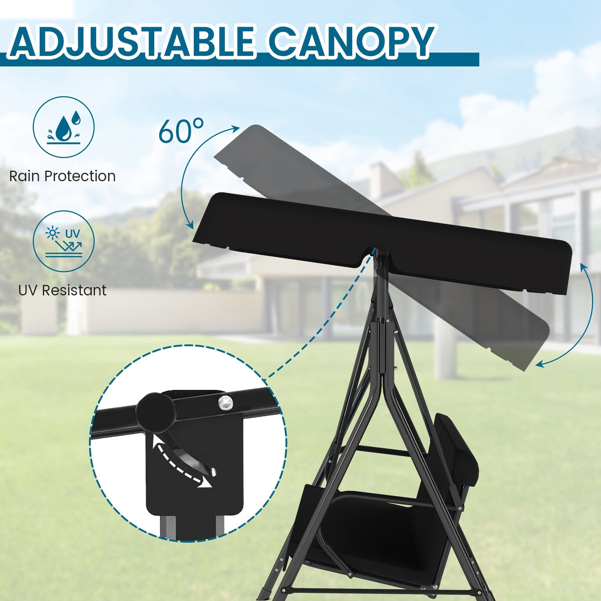 Outdoor Porch Swing Glider with Canopy & Adjustable Bracket, Heavy Duty Frame Patio Swing for Adults, Backyard Lawn Garden Furniture, Black Beige Coffee Brown Red Green Blue