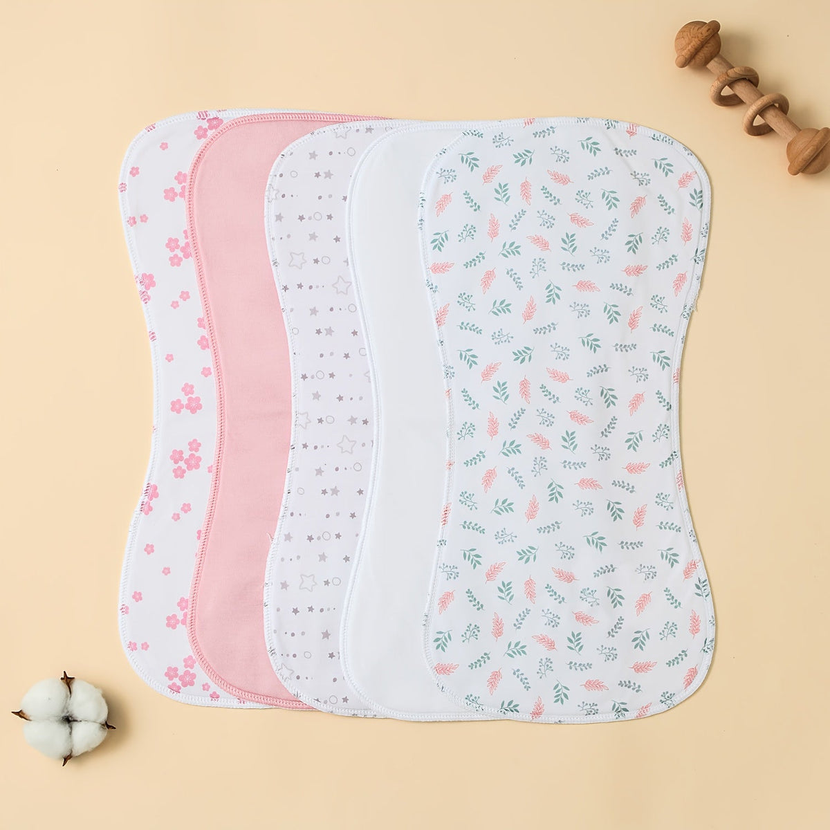 5-Pack Baby Burp Cloths, Large Neutral Newborn Burp Rags & Baby Washcloths for Baby Girls, Soft Absorbent Baby Burp Cloth Set, Gray Star Chain Elephant Pink Polka Dot & Red Heart