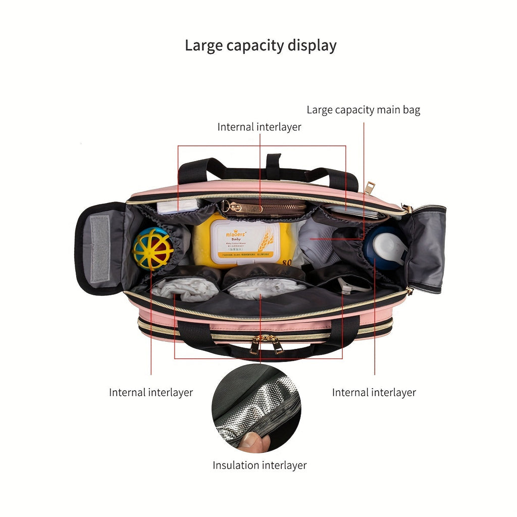 High-Capacity Quilted Oxford Diaper Bag with Crossbody Strap, Multi-Functional Large Capacity Baby Bag for Travel & Daily Use, Stylish Mom Bag in Black Grey & Pink Grey