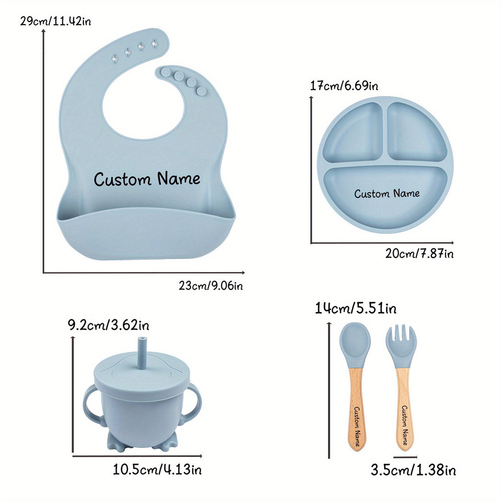 5-Piece Personalized Laser-Engraved Silicone Baby Weaning Set, Custom Name Baby Plate & Cartoon Toddler Feeding Set for Kids, Baby Shower, Christmas & Halloween Gift, Beige, Pink & Gray