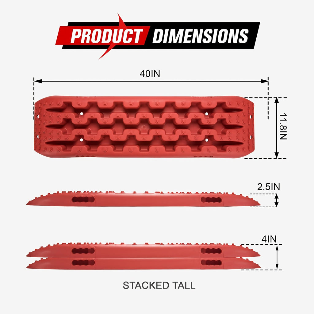 2-Pack Off-Road Traction Boards Recovery Tracks 10 Ton Capacity 40x11.8 Inch Nylon 66 Teeth with 2 Leashes and Carry Bag for Sand Mud Snow Desert 4x4 4WD Orange Red Black
