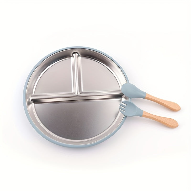 3-Piece Children's Tableware Set, Stainless Steel Plate with Wooden Fork & Spoon for Baby Food & Supplements, Drop-Resistant Easy to Clean, Gray Blue Light Pink & Dark Green, Holiday Gift