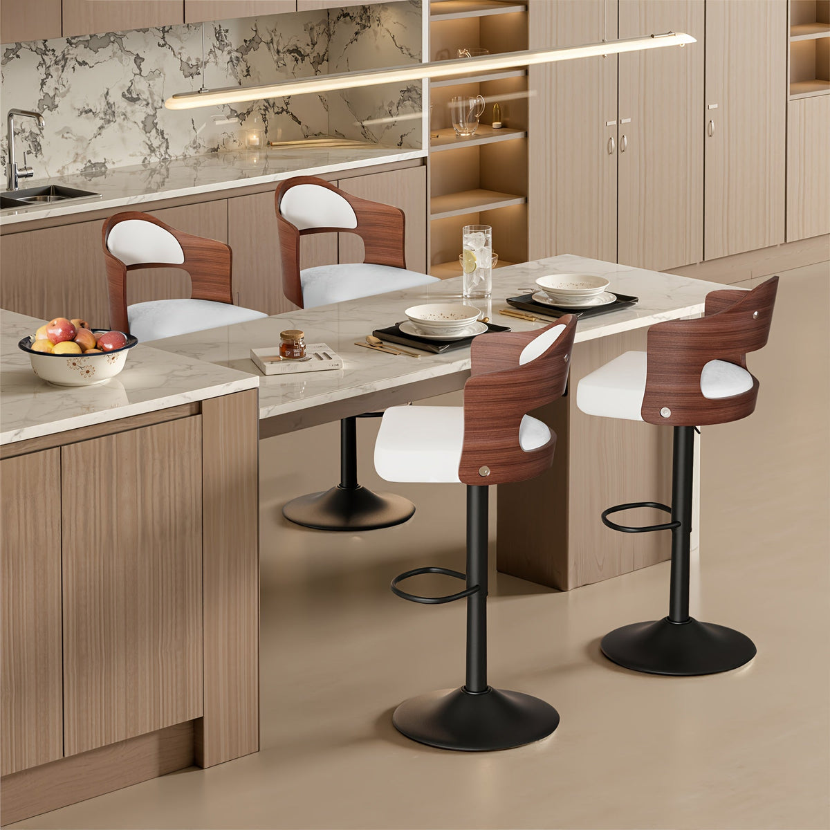 Swivel Bar Stools Set of 4 with PU Leather Upholstered Seat, Wooden Back & Footrest, Counter Height Bar Chairs for Kitchen Island and Dining Room, Black Brown Green White