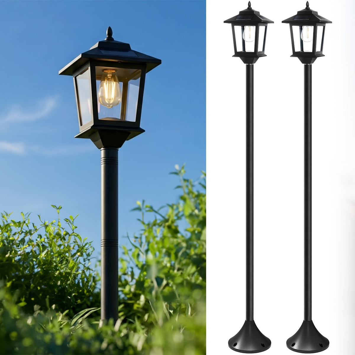 2-Pack 63" Solar Lamp Post Lights - IP44 Waterproof, 1800LM, Warm White, Replaceable Bulb - Garden, Patio, Pathway & Driveway - Halloween & Christmas Outdoor Decorative Pole Lights
