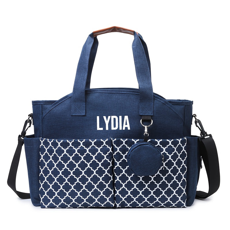2-in-1 Custom Embroidered Diaper Bag, Personalized Alphabet Quilted Handheld & Crossbody Travel Bag for Mom & Dad, 4 Font Styles, Navy Blue & Grey