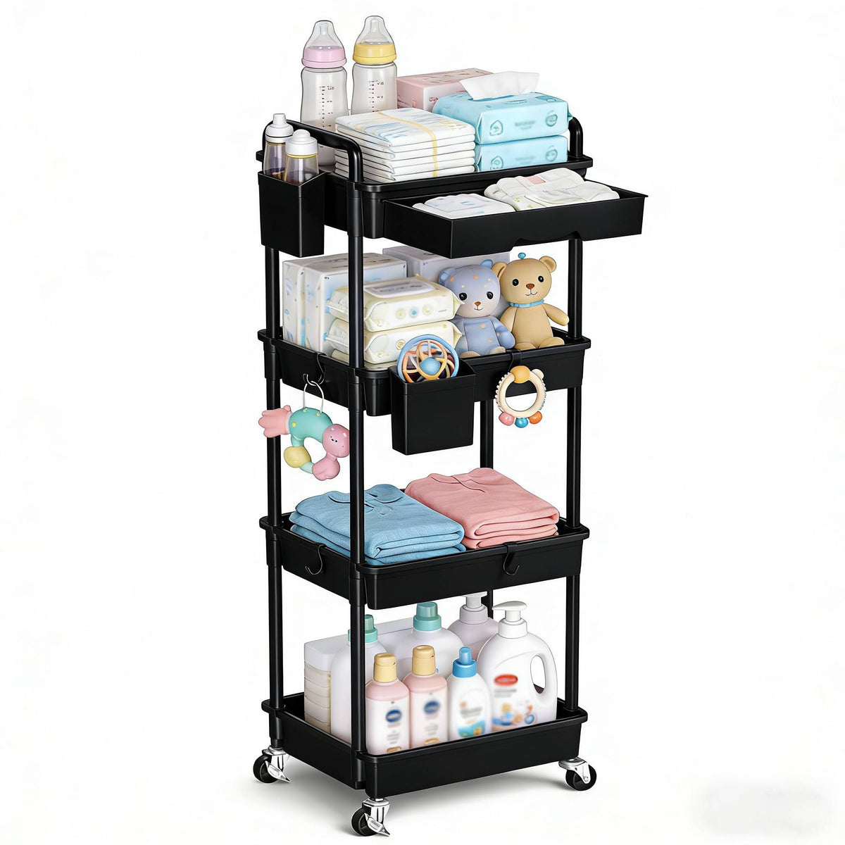 3-Tier & 4-Tier Mobile Nursery Storage Cart on Wheels, Space-Saving Rolling Organizer for Nursery & Baby Room Decor, Sturdy with Smooth Wheels, Baby Pink, Green, Blue, Purple, White, Black & Grey