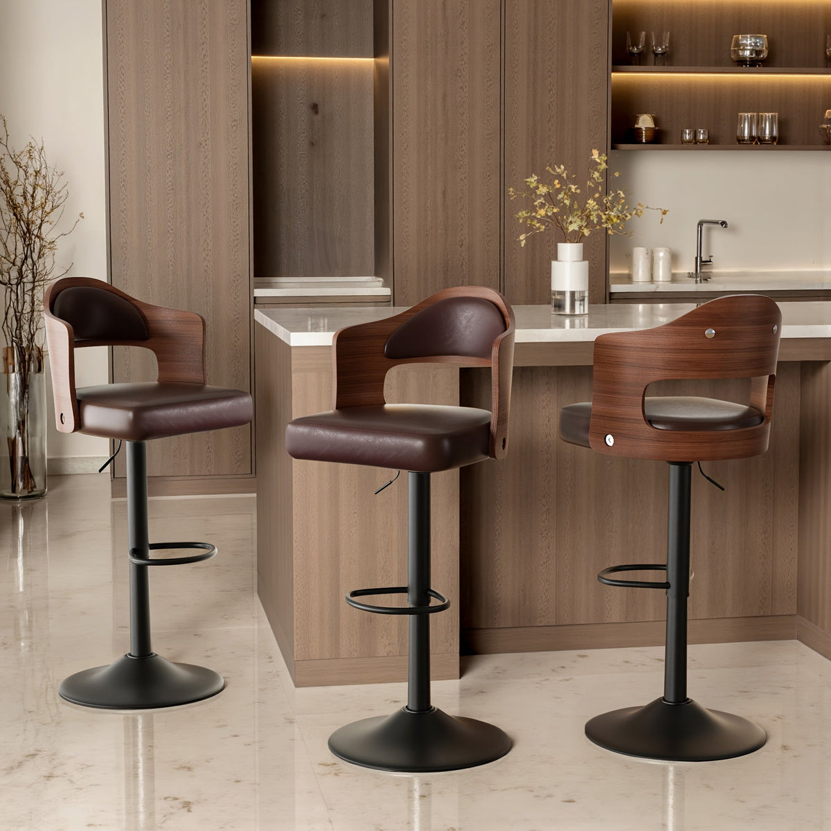 Swivel Bar Stools Set of 4 with PU Leather Upholstered Seat, Wooden Back & Footrest, Counter Height Bar Chairs for Kitchen Island and Dining Room, Black Brown Green White