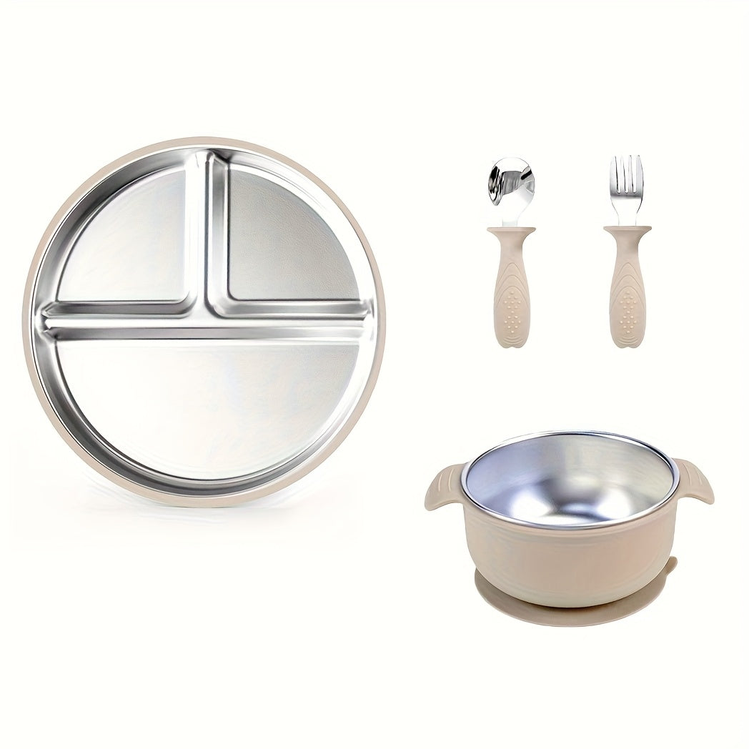 Baby & Toddler Stainless Steel Tableware Set, 304 Stainless Steel Plate Bowl Fork & Spoon, Anti-Fall Anti-Scalding Easy-Clean Children's Mealtime Dining Set, 2 Colors Including Dark Green & Beige