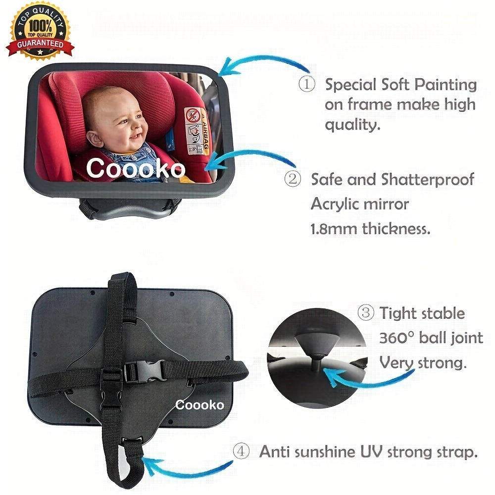 Baby Car Backseat Safety Mirror, Shatterproof 360° Rotatable Extra-Wide Crystal Clear Rear-Facing View, Easy Strap Headrest Mount Baby Car Seat Mirror for Rear-Facing Infant Monitoring, Black