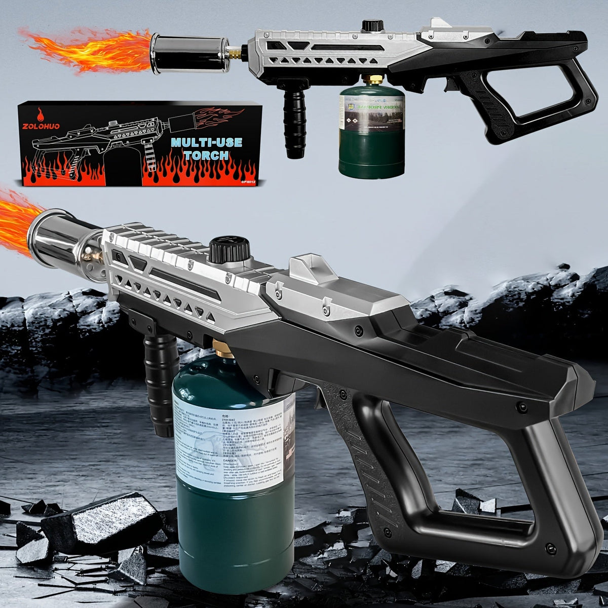 Propane Torch Gun - 800,000 BTU Adjustable Flamethrower for BBQ Searing, Charcoal Lighting, Camping, Weed Control & Fire Starting - Black & Silver (Propane Tank Not Included)