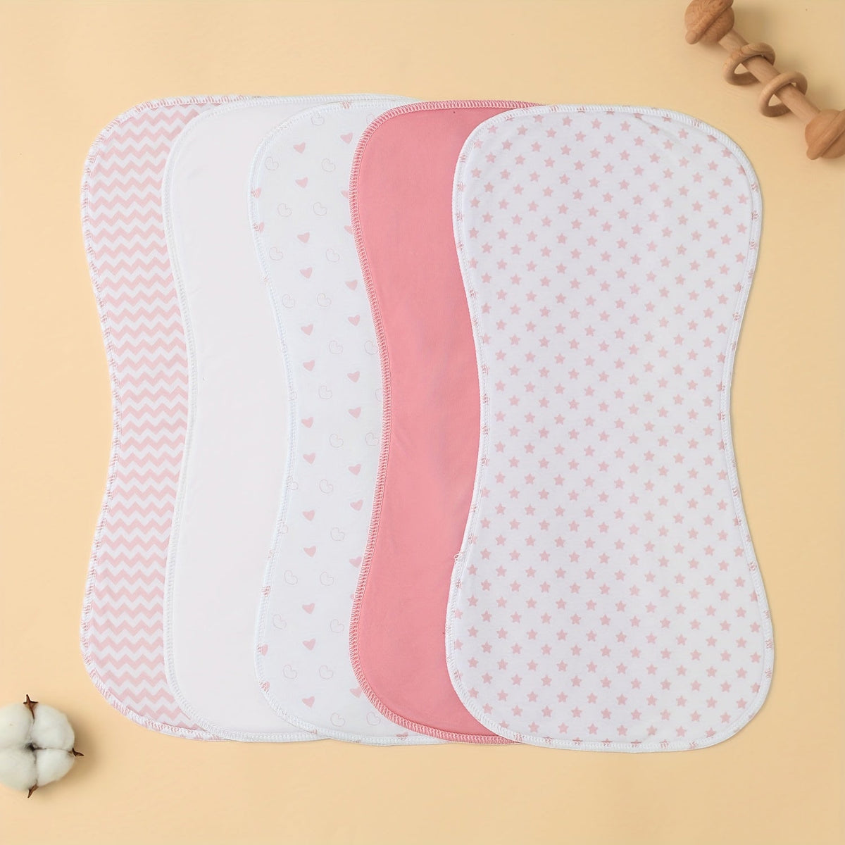 5-Pack Baby Burp Cloths, Large Neutral Newborn Burp Rags & Baby Washcloths for Baby Girls, Soft Absorbent Baby Burp Cloth Set, Gray Star Chain Elephant Pink Polka Dot & Red Heart
