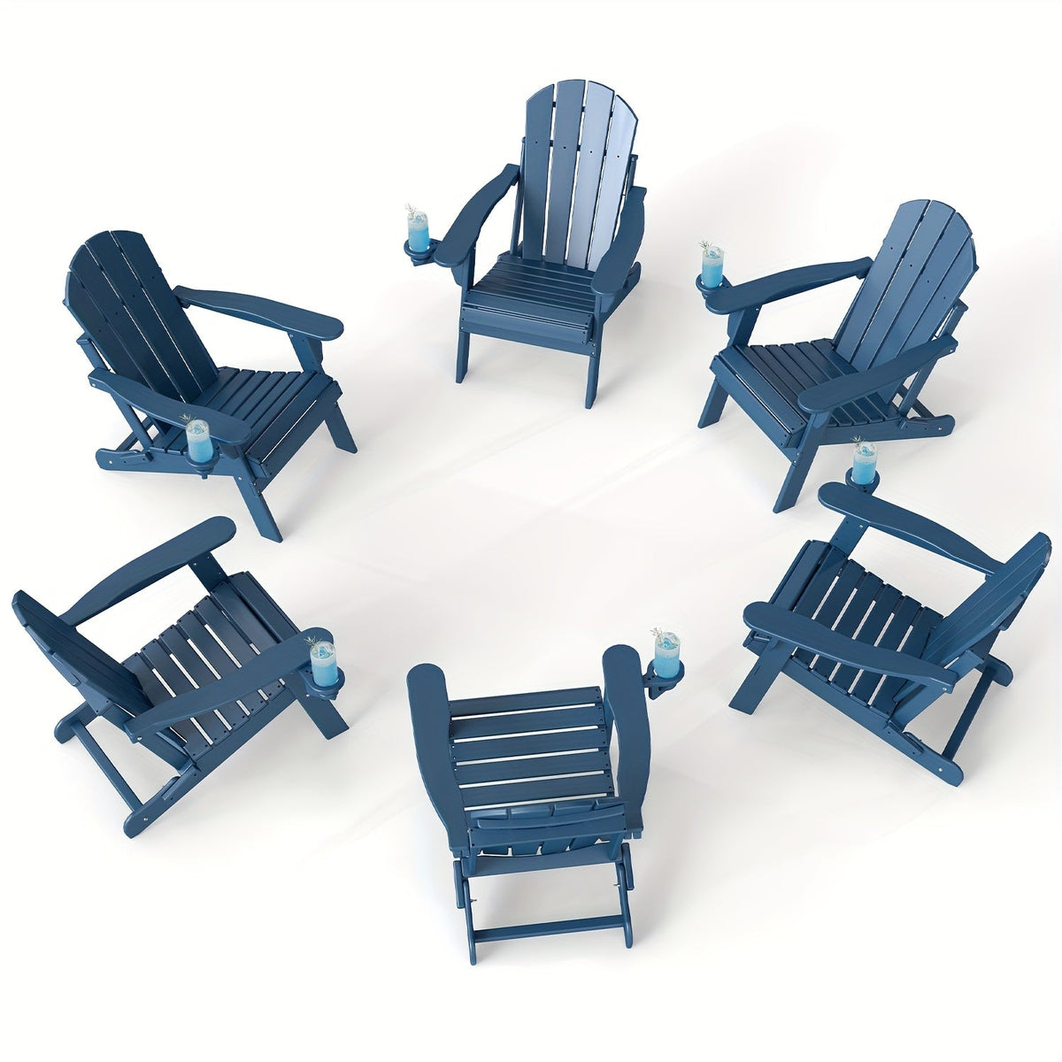 Folding Adirondack Chair with Cup Holder Portable Recliner Stainless Steel Frame Durable Plastic Easy Clean for Patio Poolside Garden Camping Set of 1 2 4 6