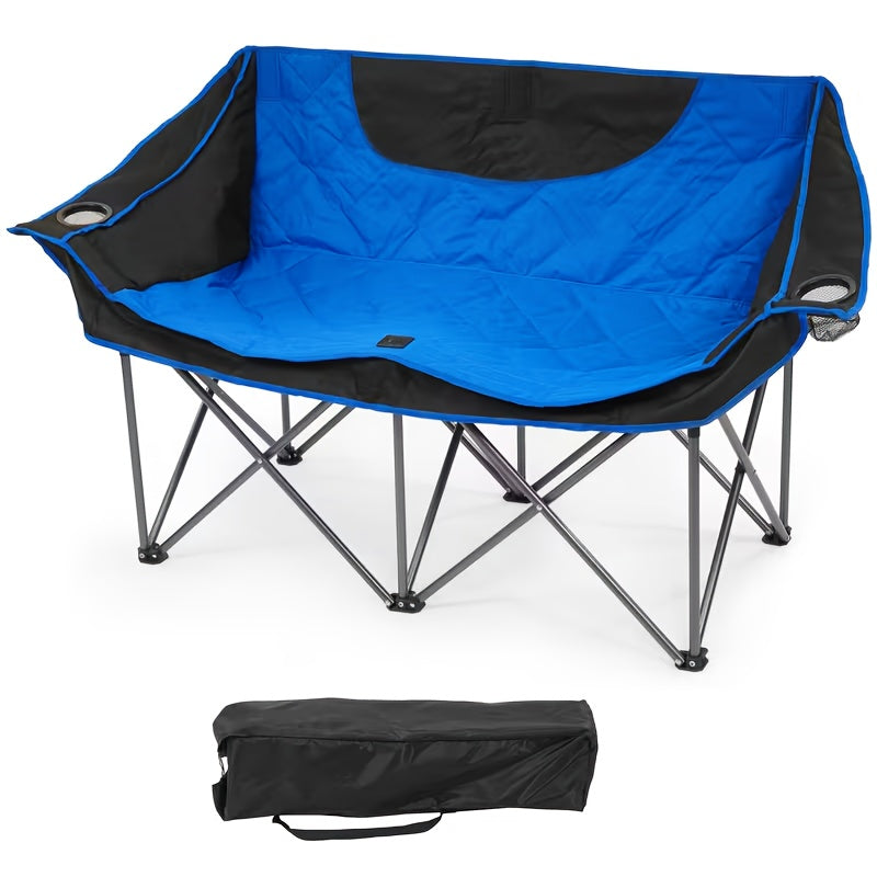 2-Person Oversized Camping Chair – Heavy-Duty Padded Outdoor Loveseat with Cup Holders Armrests & Carry Bag Portable Collapsible for Beach Picnic Backyard BBQ & Camping in Blue Beige Orange & Grey