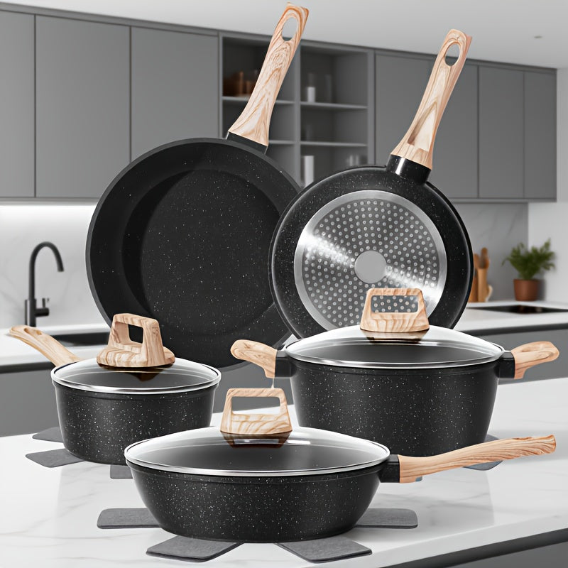 Nonstick Cookware Set 12-Piece – Pots and Pans with Wooden Handle Induction Compatible for Home Kitchen Camping RV & Travel in Black & White