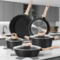 Nonstick Cookware Set 12-Piece – Pots and Pans with Wooden Handle Induction Compatible for Home Kitchen Camping RV & Travel in Black & White