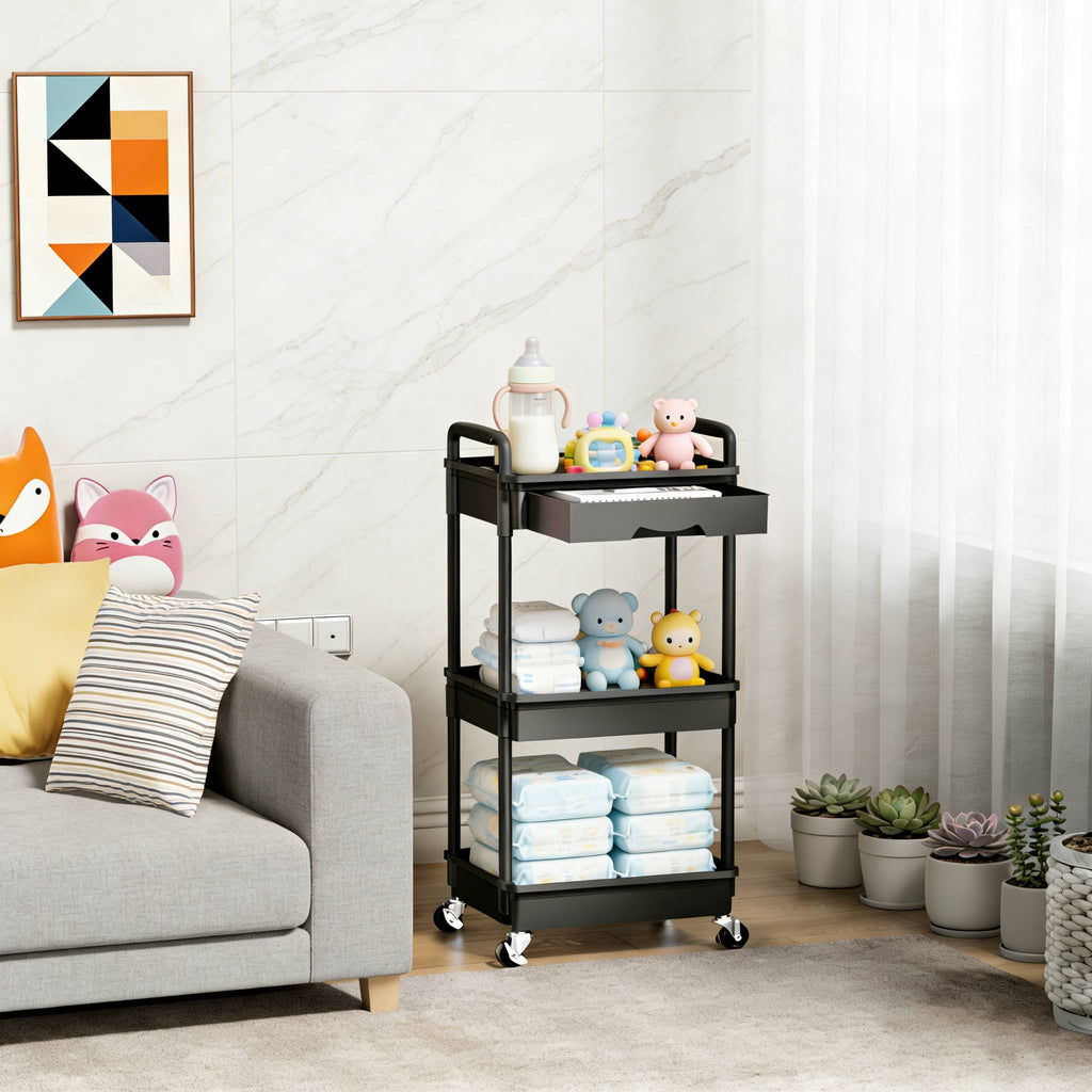 3-Tier & 4-Tier Mobile Nursery Storage Cart on Wheels, Space-Saving Rolling Organizer for Nursery & Baby Room Decor, Sturdy with Smooth Wheels, Baby Pink, Green, Blue, Purple, White, Black & Grey