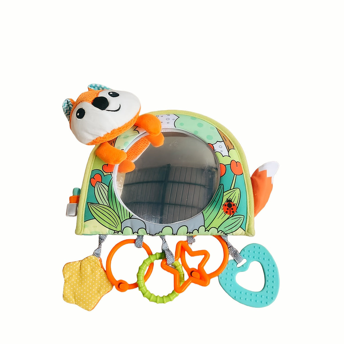 Baby Rear-Facing Car Mirror with Hanging Interactive Toys, Travel Activity Center for Tummy Time & Car Rides, Self-Awareness Tactile Auditory Visual Training, Orange Fox Gray Fox & Caterpillar