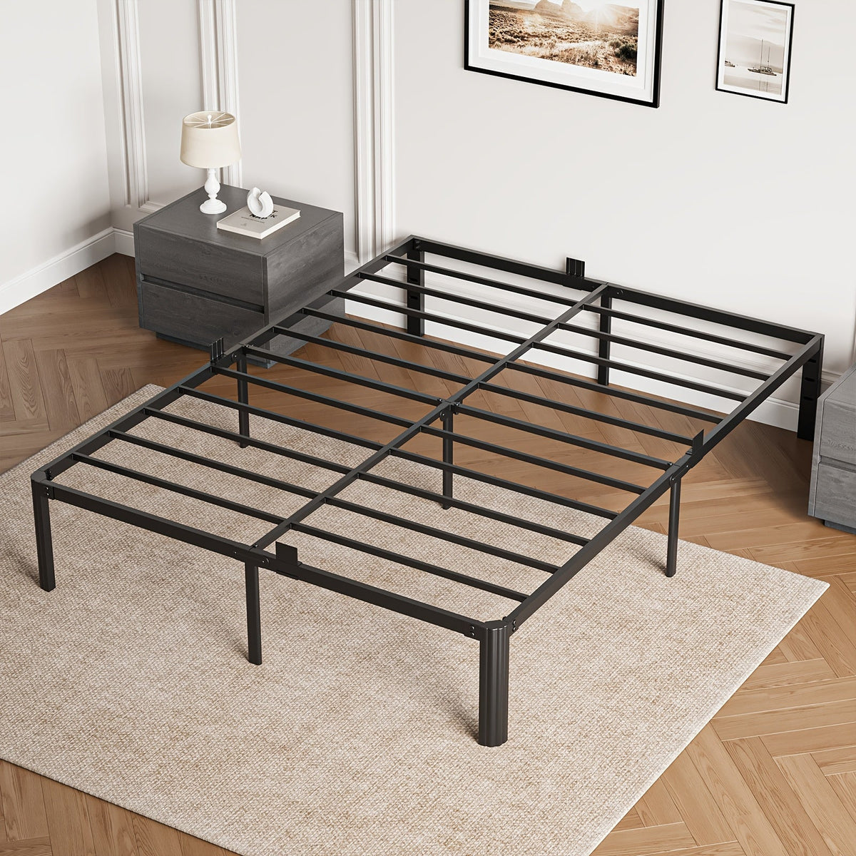 14-Inch Metal Bed Frame Twin Full Queen – Heavy-Duty Iron Frame with Fan-Shaped Legs Mattress Fixers & Under-Bed Storage Space Easy Assembly Black