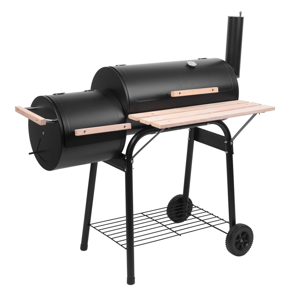 Charcoal Grill with Offset Smoker 433 Sq In Cooking Area Lid Thermometer Carbon Steel Side Table & Wheels for Backyard Camping & Picnics – Black