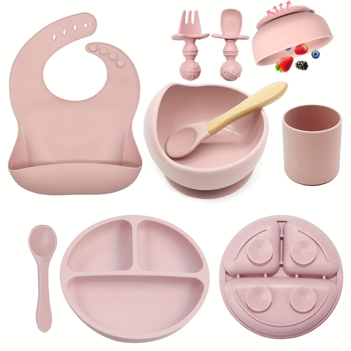 8-Piece Silicone Baby Feeding Set, Suction Bowl, Divider Plate, Spoon, Fork, Sippy Cup & Adjustable Bib, Self-Feeding Toddler Tableware for Ages 0-3, Beige, Dark Green, Gray Blue, Dark Pink & Light Pink