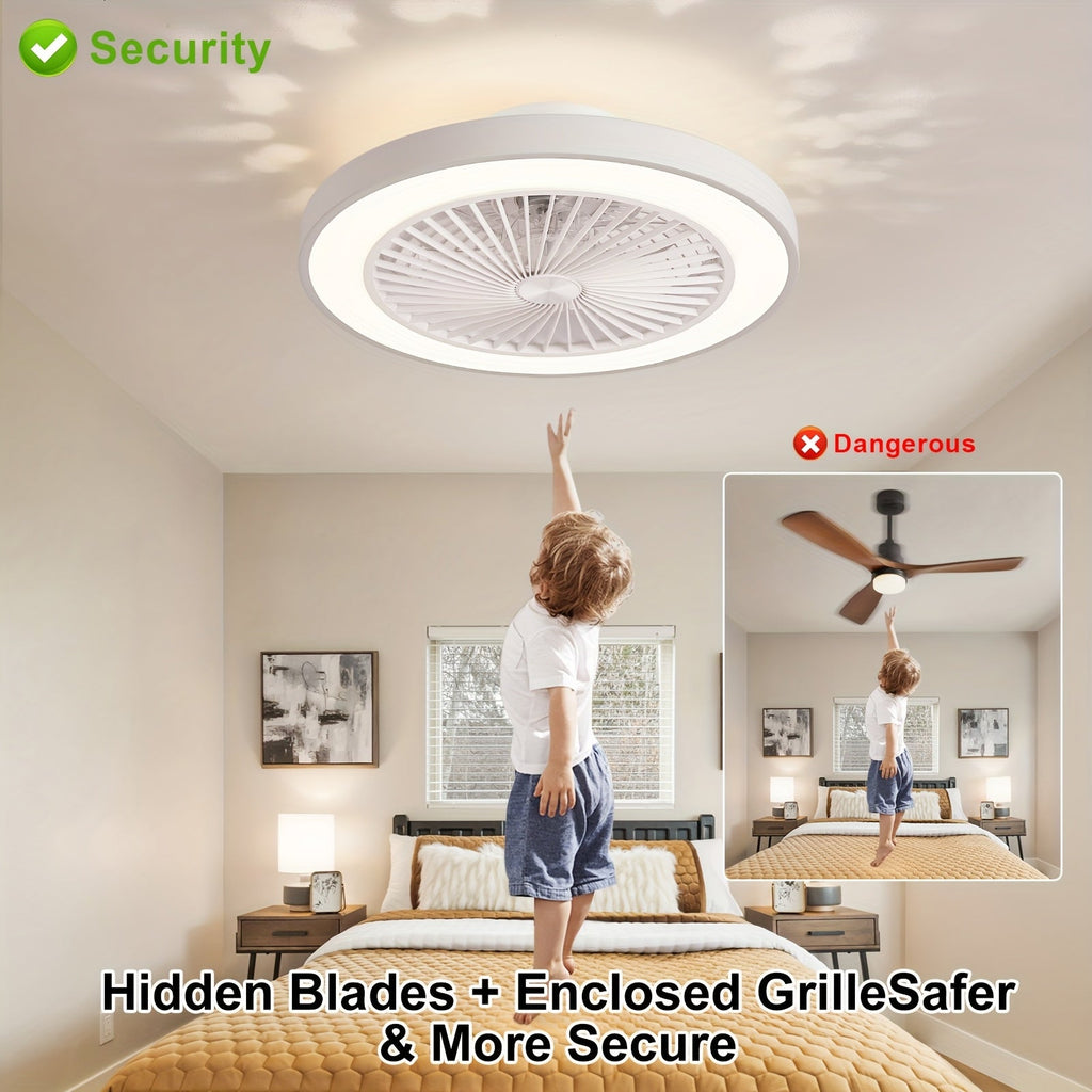 20-Inch Enclosed Ceiling Fan with Light & Remote – Dimmable 3000K-6500K + 1800K Amber Nightlight 6-Speed Reversible Quiet DC Motor 41W for Bedroom Kitchen Living Room in White & Black