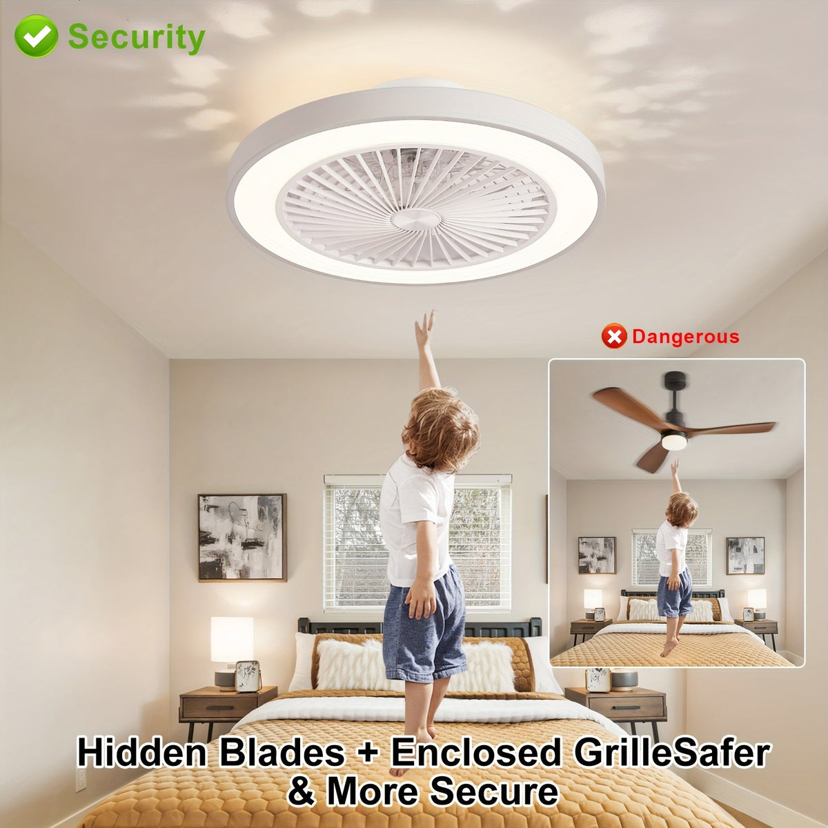 20-Inch Enclosed Ceiling Fan with Light & Remote – Dimmable 3000K-6500K + 1800K Amber Nightlight 6-Speed Reversible Quiet DC Motor 41W for Bedroom Kitchen Living Room in White & Black