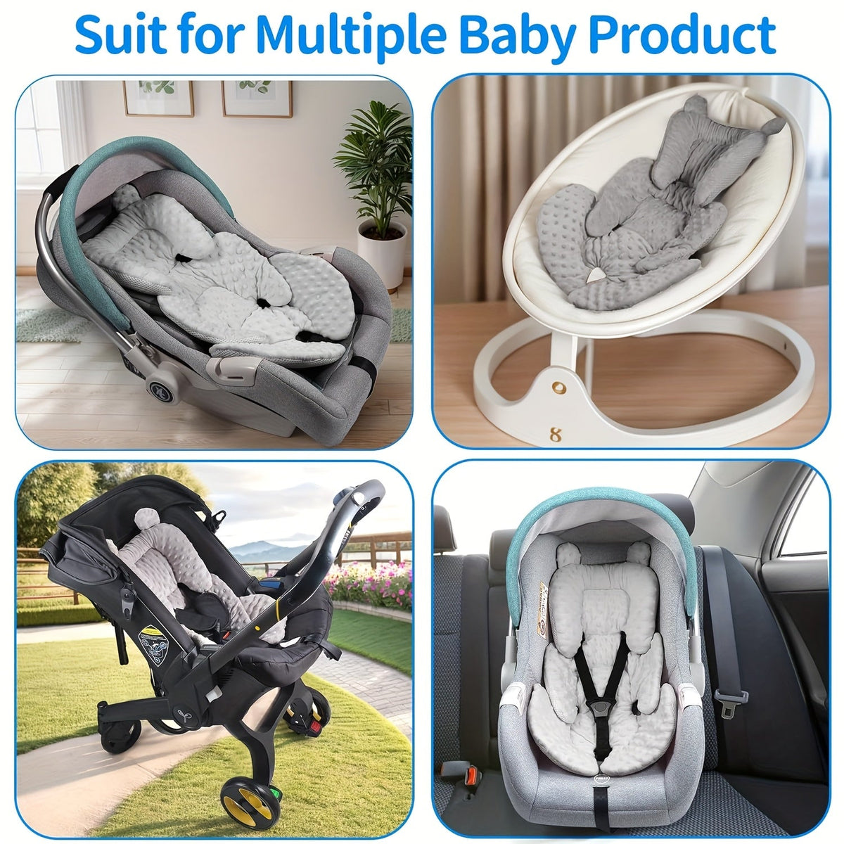 Baby Car Seat Cushion & Infant Headrest Support Set, Universal Newborn Soft Velvet Seat Pad with Ear Detail for Car Seats Bouncers & Strollers, Newborn Head Neck Body Support Insert
