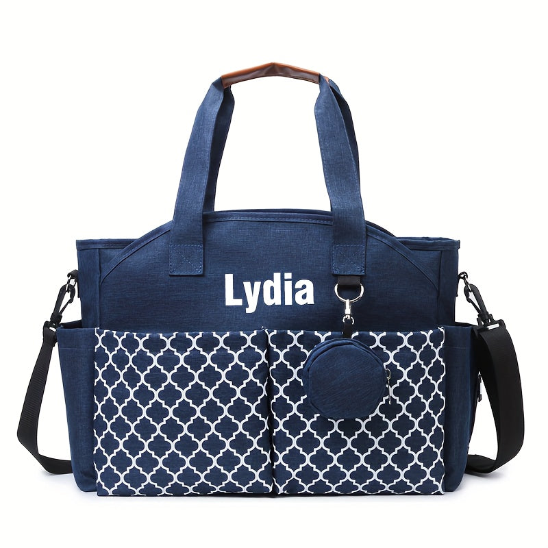 2-in-1 Custom Embroidered Diaper Bag, Personalized Alphabet Quilted Handheld & Crossbody Travel Bag for Mom & Dad, 4 Font Styles, Navy Blue & Grey