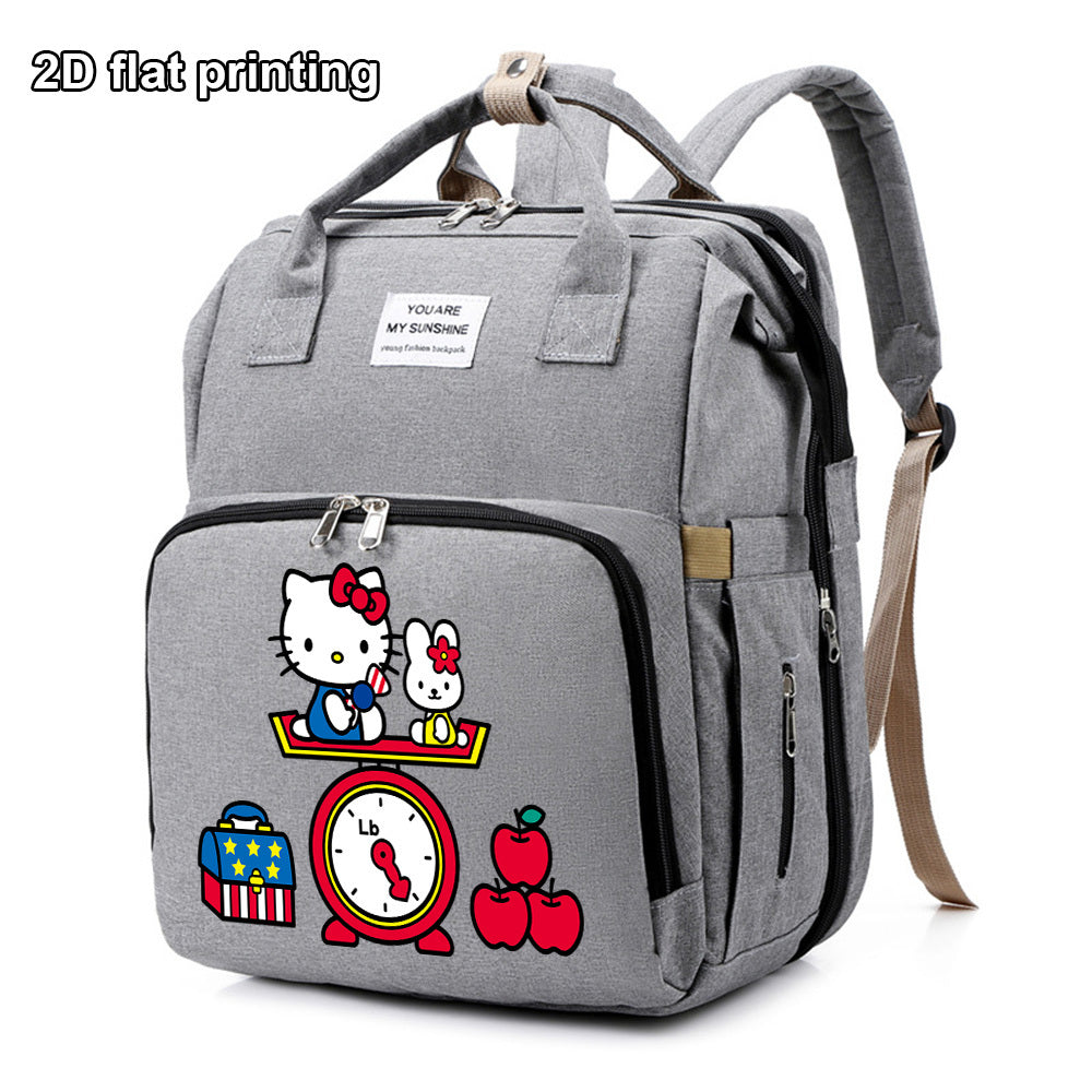 Cute Cartoon Kitty Print Diaper Backpack, Large Capacity Baby Bag for Travel & Daily Outing, Stylish Mom & Dad Baby Bag, Black Purple & Grey