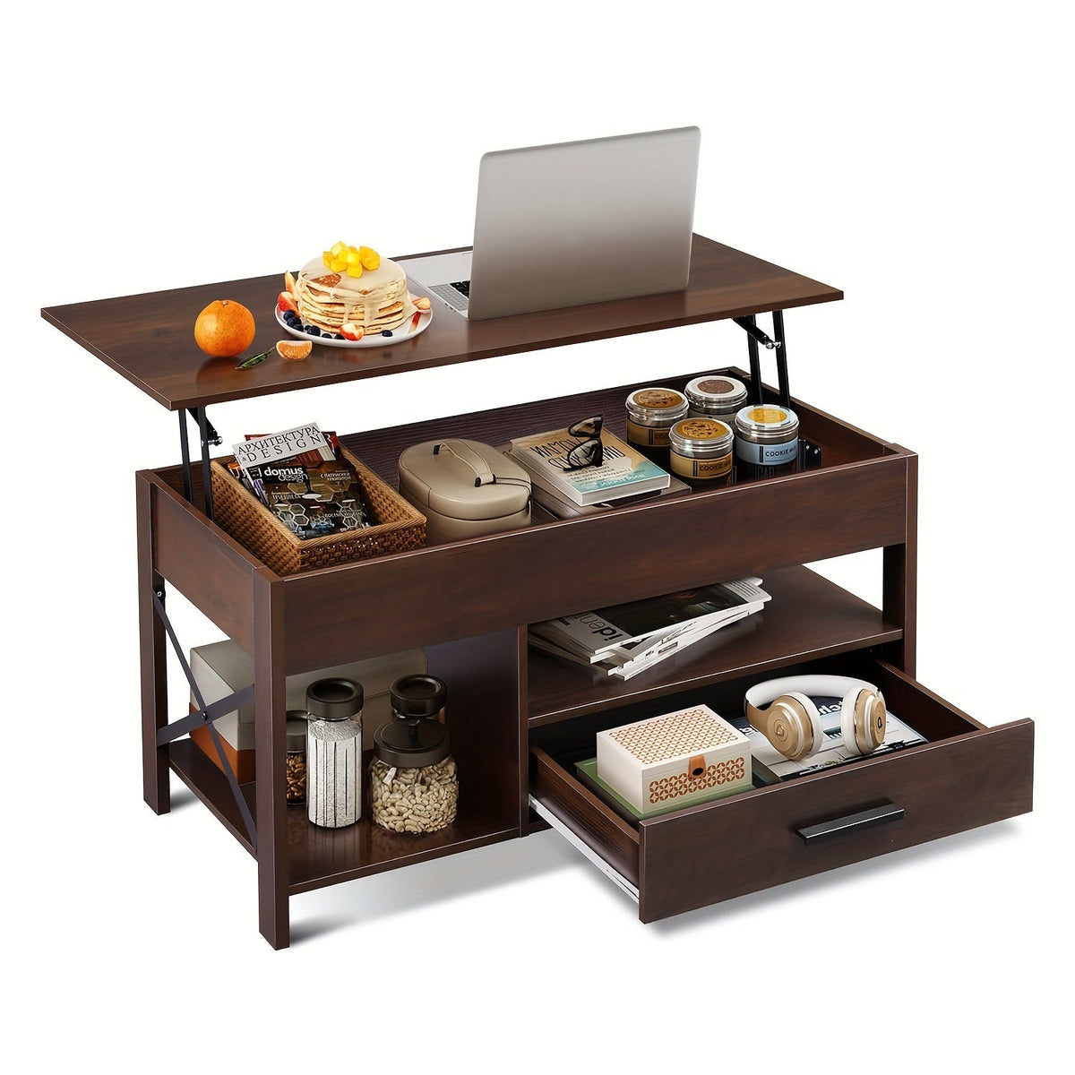 Lift Top Coffee Table with Storage Drawers & Hidden Compartment, Modern Wood HDF Space-Saving Adjustable Lift Top Table for Living Room Reception Room, Rustic Brown Greige Espresso