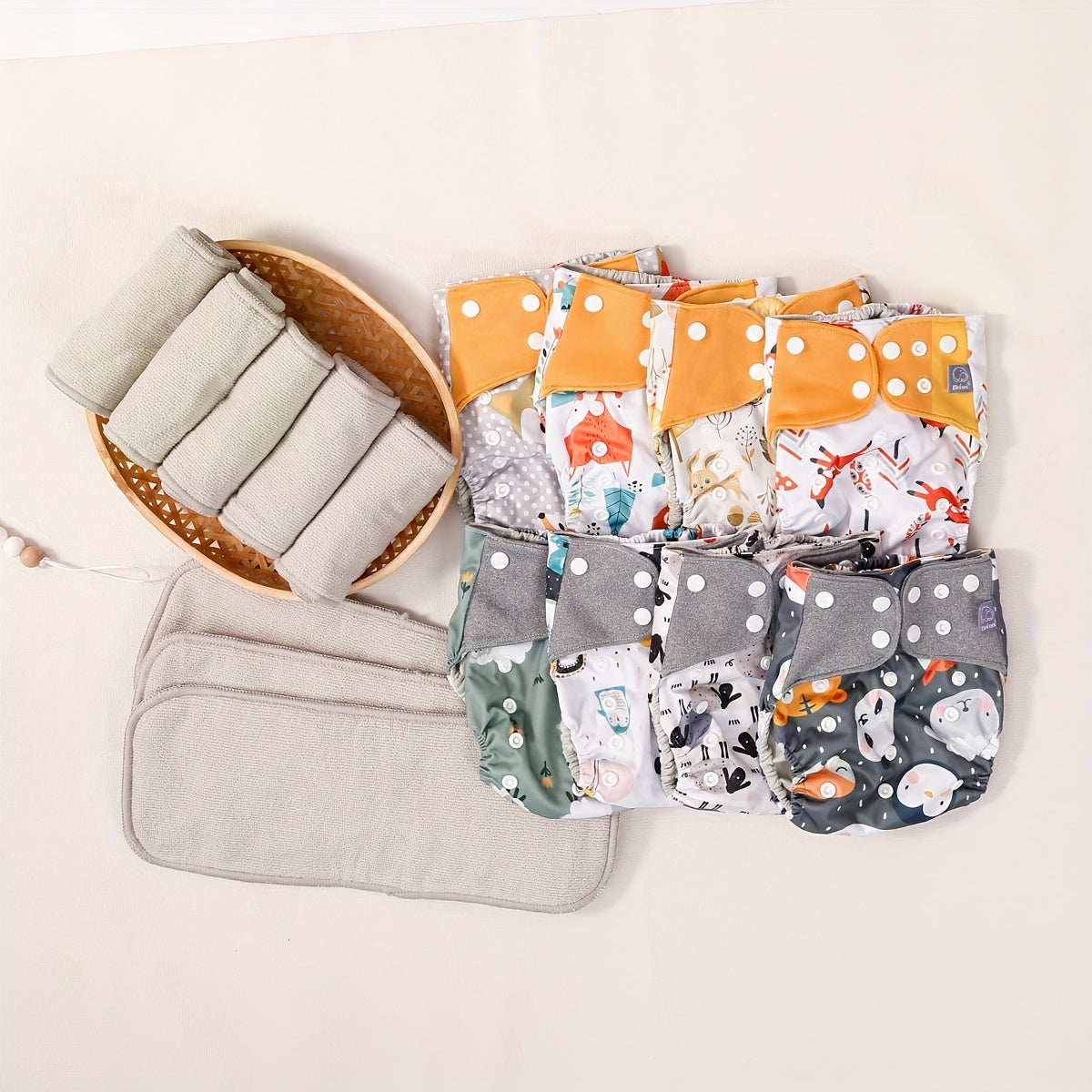 8-Piece Baby Cloth Diaper Set, Super Absorbent Breathable Washable & Reusable One-Size Cloth Diapers with 8 Inserts, Fits 6.6-33 lbs, Animal & Plant Styles, Holiday Gift