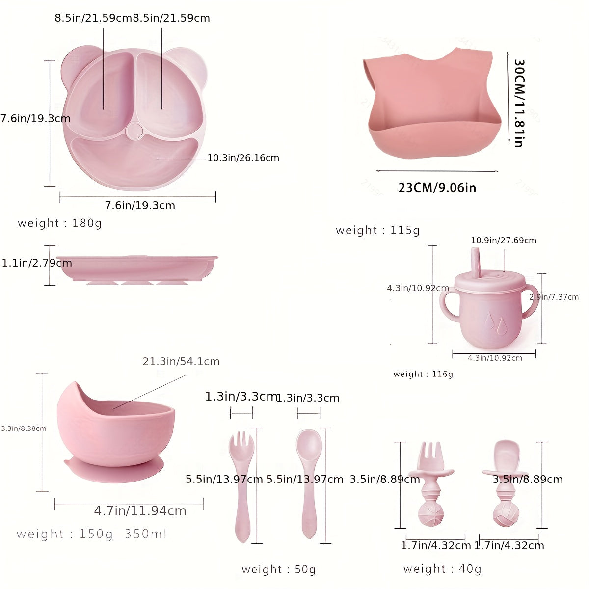 10-Piece BPA-Free Silicone Baby-Led Weaning Feeding Set, Baby & Toddler Self-Feeding Tableware with Suction Divider Plate, Spoon, Fork, Straw Cup & Bib, Green, Blue, Pink & Beige