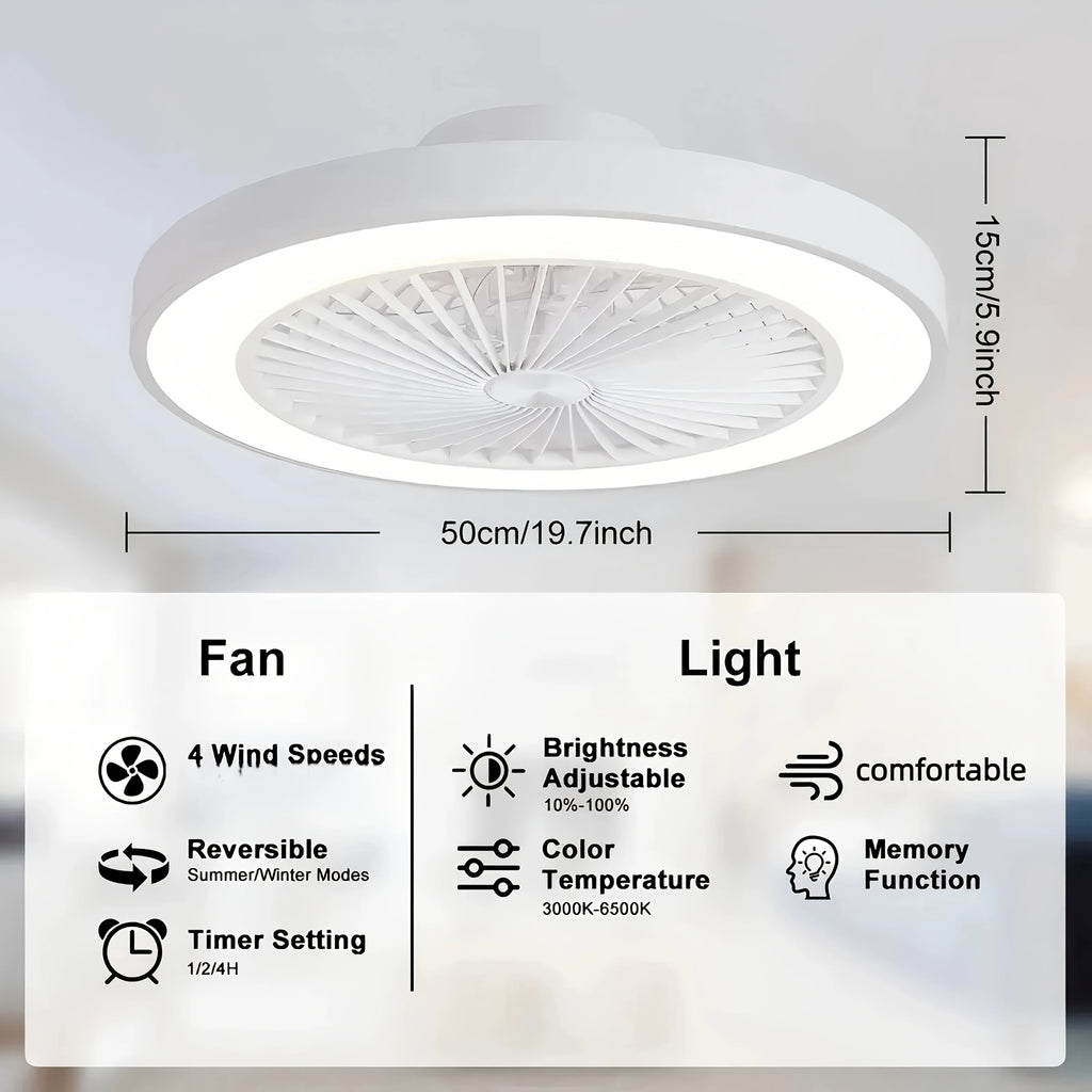 20" Bladeless Ceiling Fan with Light – Dimmable LED Flush Mount Hidden Reversible Blades 3 Color Temperatures 4 Speeds 3800LM 48W for Bedroom Restaurant in Black & White