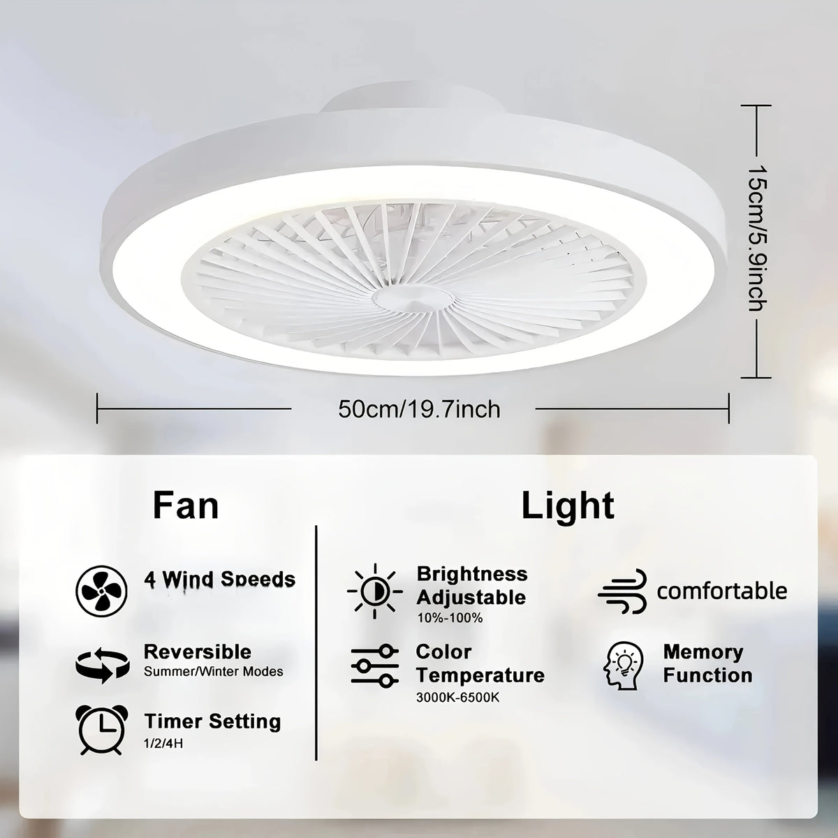20" Bladeless Ceiling Fan with Light – Dimmable LED Flush Mount Hidden Reversible Blades 3 Color Temperatures 4 Speeds 3800LM 48W for Bedroom Restaurant in Black & White