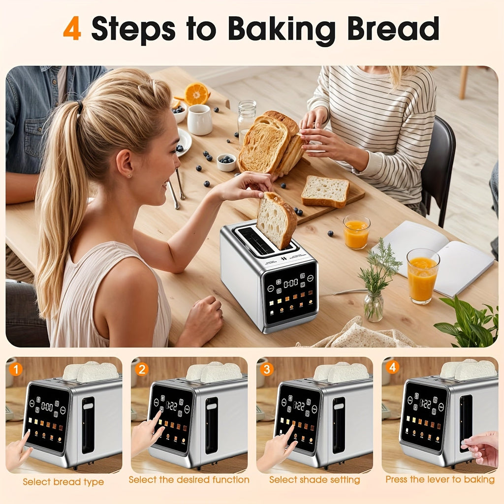 Touch Screen 2-Slice Toaster Stainless Steel Smart Digital with Memory Function 5 Bread Types 6 Shade Settings 1.5 Inch Wide Slot 900W for Home Kitchen