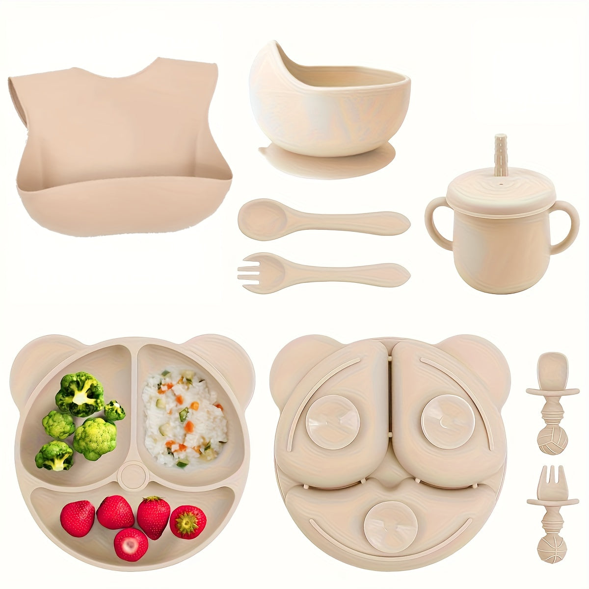 10-Piece BPA-Free Silicone Baby-Led Weaning Feeding Set, Baby & Toddler Self-Feeding Tableware with Suction Divider Plate, Spoon, Fork, Straw Cup & Bib, Green, Blue, Pink & Beige