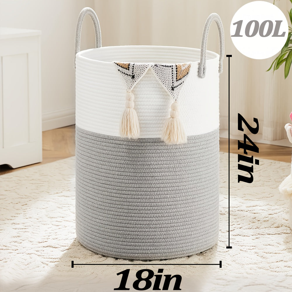 Collapsible Cotton Rope Woven Laundry Basket, Natural Elegant Laundry Hamper for Bathroom Nursery & Living Room, Versatile Storage for Clothes Toys & Blankets, 40L 60L 80L 100L, 9 Colors