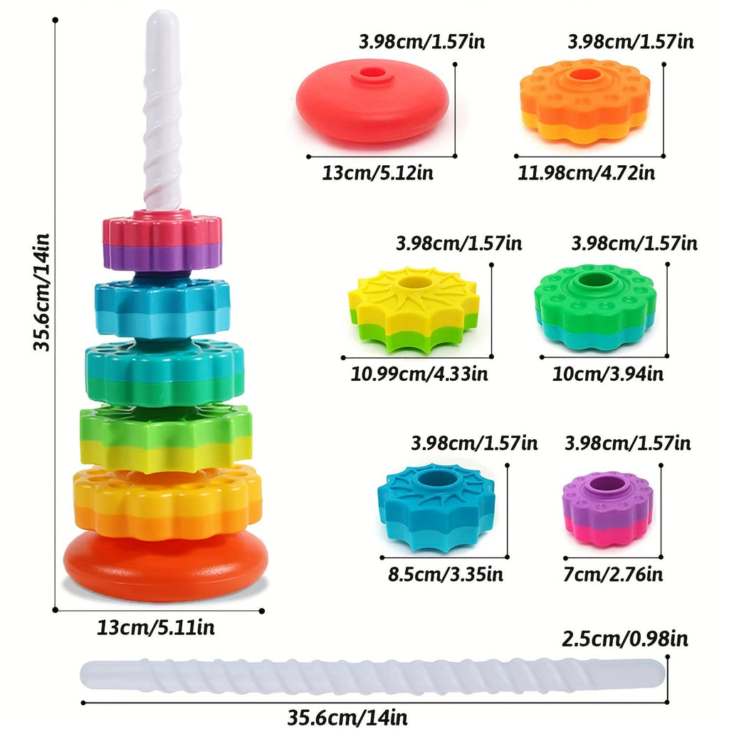 5-in-1 Rainbow Spinning Gear Tower with Rotating Base Interactive Educational Toy for Toddlers Motor Skills Hand-Eye Coordination Cognitive Development
