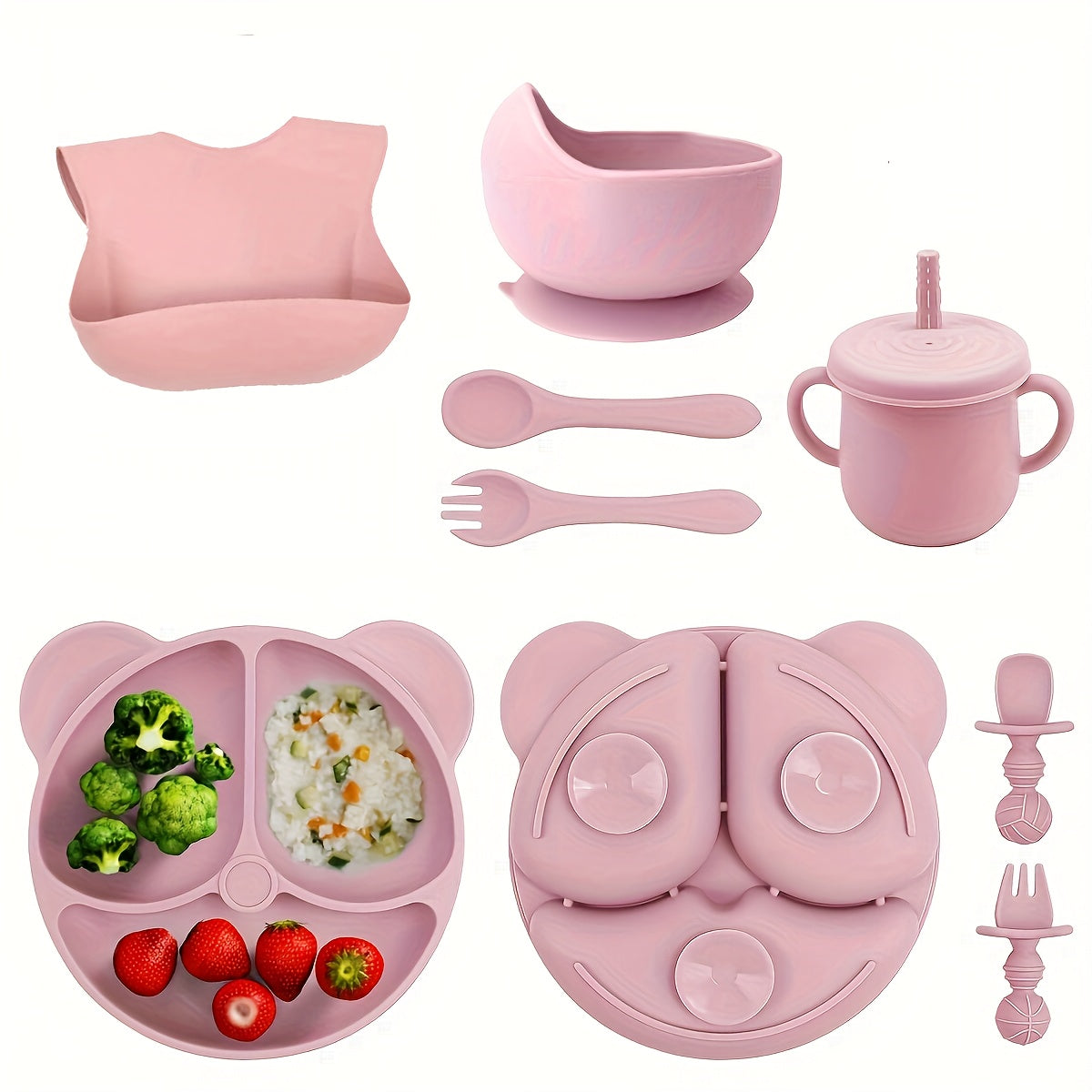 10-Piece BPA-Free Silicone Baby-Led Weaning Feeding Set, Baby & Toddler Self-Feeding Tableware with Suction Divider Plate, Spoon, Fork, Straw Cup & Bib, Green, Blue, Pink & Beige