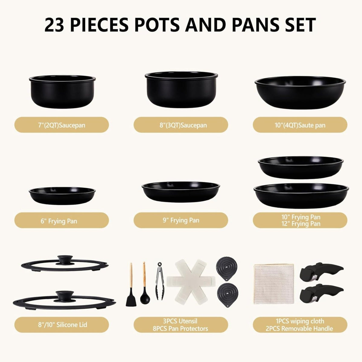 Nonstick Pots and Pans Set with Detachable Handles 15-23 Piece, Cast Aluminum Cookware Set Dishwasher Safe PFAS PFOA Free, Induction Compatible Kitchen Cooking Set with Utensils for RV Home, Black Cream White