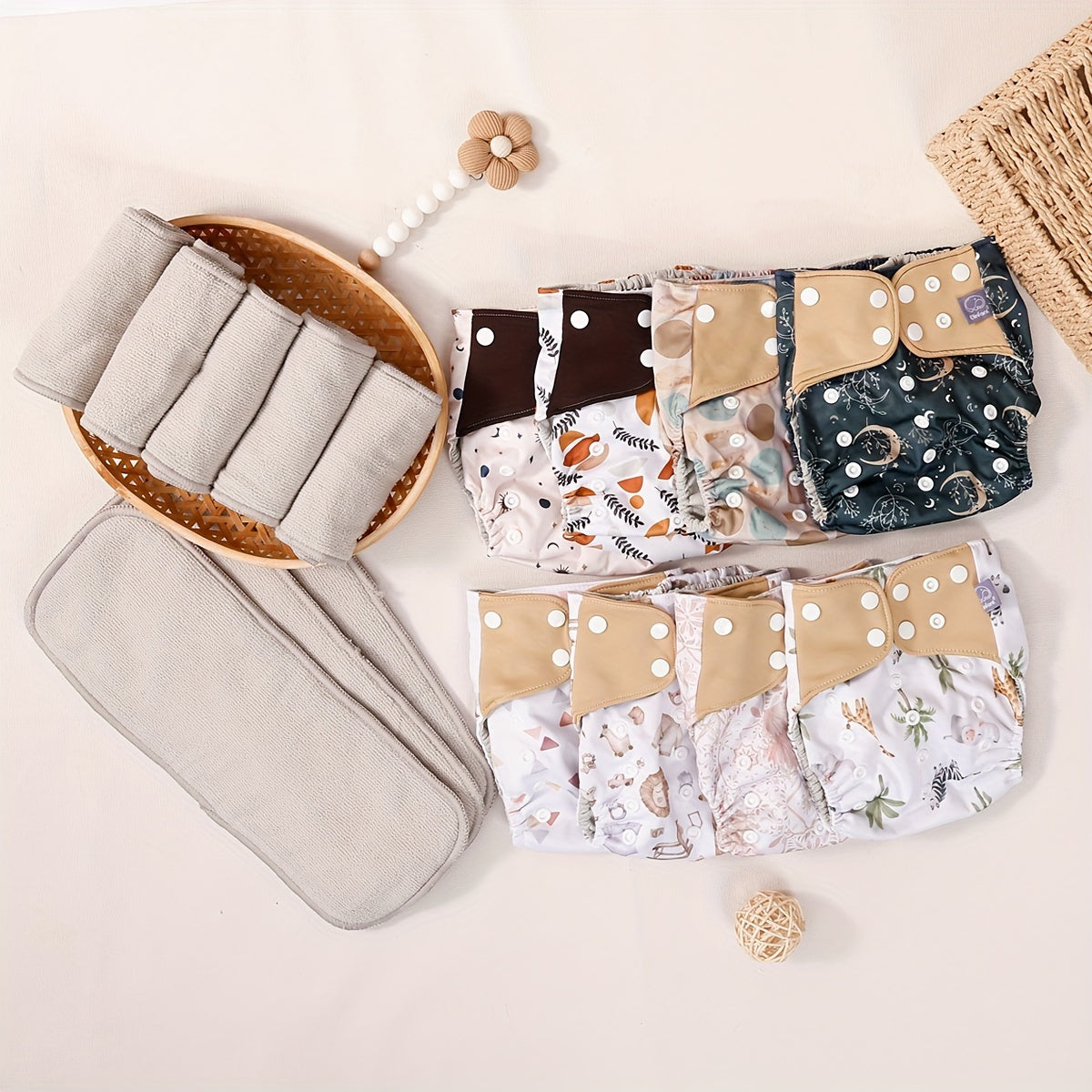 8-Piece Baby Cloth Diaper Set, Super Absorbent Breathable Washable & Reusable One-Size Cloth Diapers with 8 Inserts, Fits 6.6-33 lbs, Animal & Plant Styles, Holiday Gift