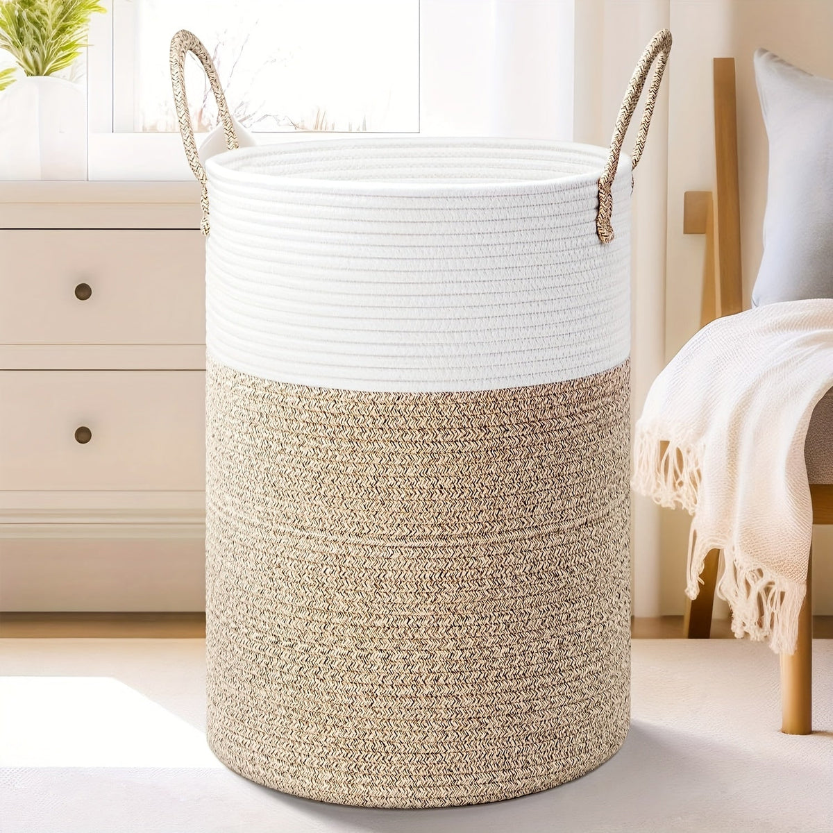 Collapsible Cotton Rope Woven Laundry Basket, Natural Elegant Laundry Hamper for Bathroom Nursery & Living Room, Versatile Storage for Clothes Toys & Blankets, 40L 60L 80L 100L, 9 Colors
