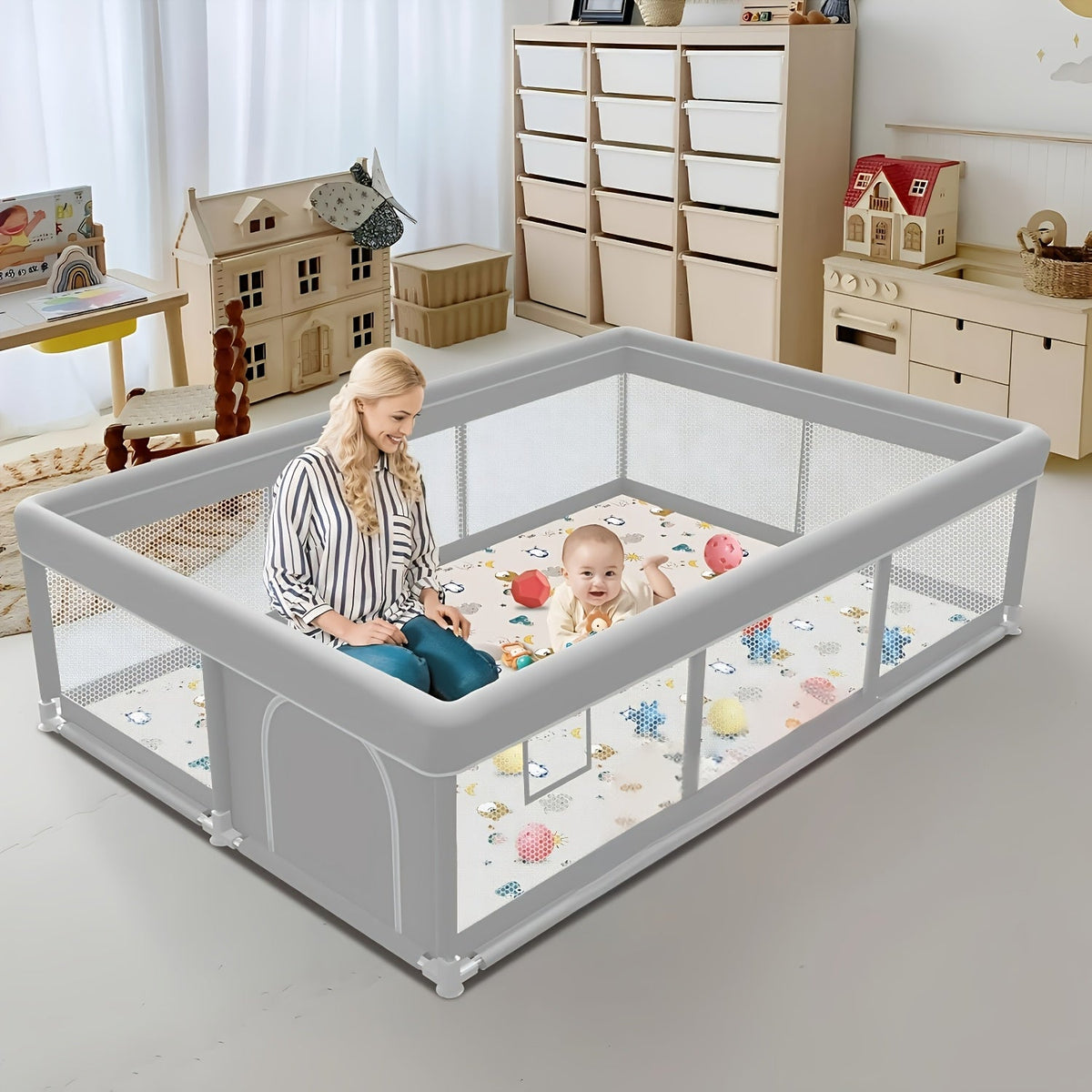 Baby Playpen & Kids Activity Center, Sturdy Safe Soft Breathable Mesh Indoor & Outdoor Toddler Play Yard, Easy Assembly Durable Baby Play Pen for Infants & Toddlers, Multiple Sizes, Beige & Grey