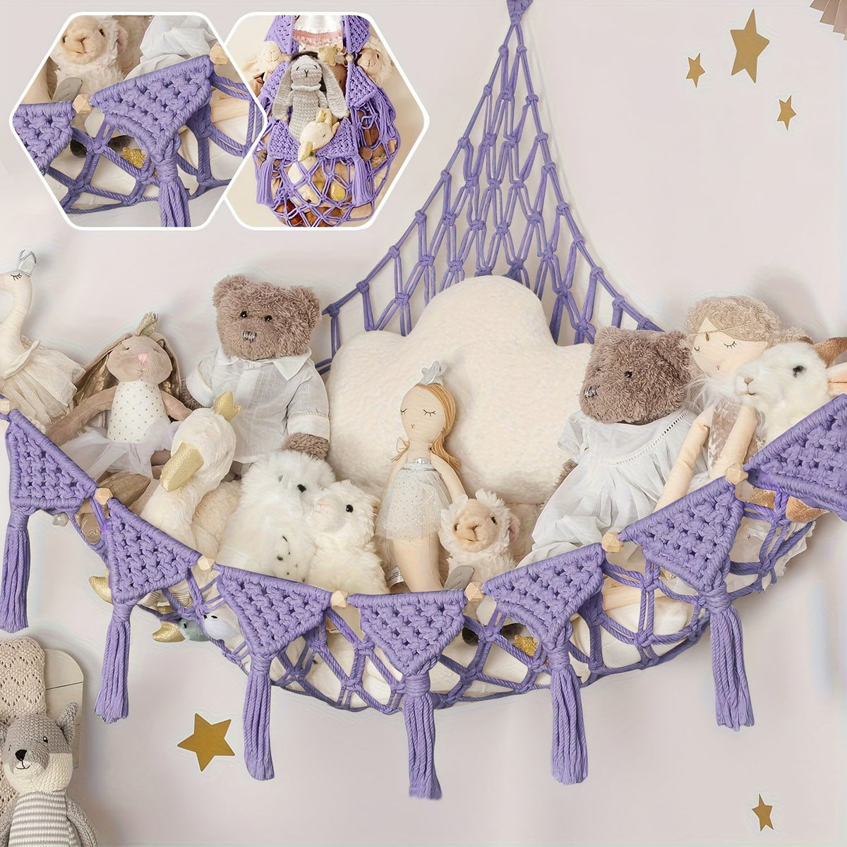 Macrame Stuffed Animal Storage Hammock, Jumbo Corner Hanging Plushie Net Organizer for Kids Nursery & Bedroom Decor, 9 Colors Including White Gray Pink Black & Rainbow