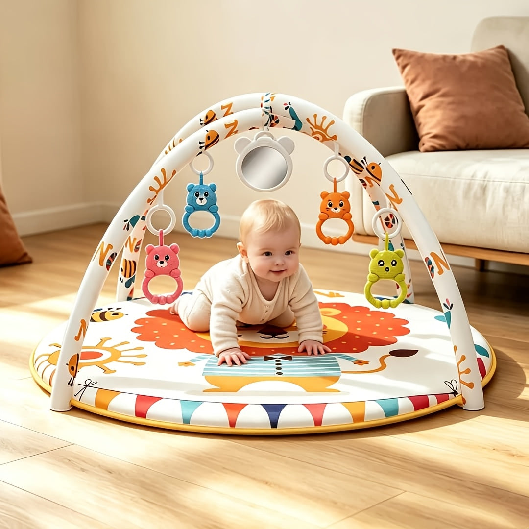 Baby Play Gym & Activity Mat with 5 Detachable Toys, Animal Pattern Infant Tummy Time Mat for 0-12 Months, Sensory Development Crawling Mat with Non-Slip Base, Machine Washable & Foldable