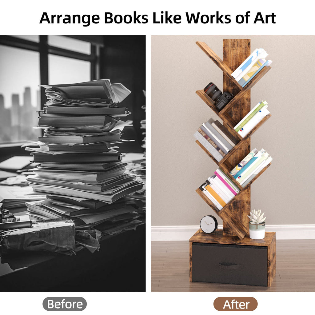 6-Tier Tree Bookcase 44.5" Vintage Narrow Floor Standing Bookshelf with Drawer – Wooden Book Organizer for Office Bedroom Living Room