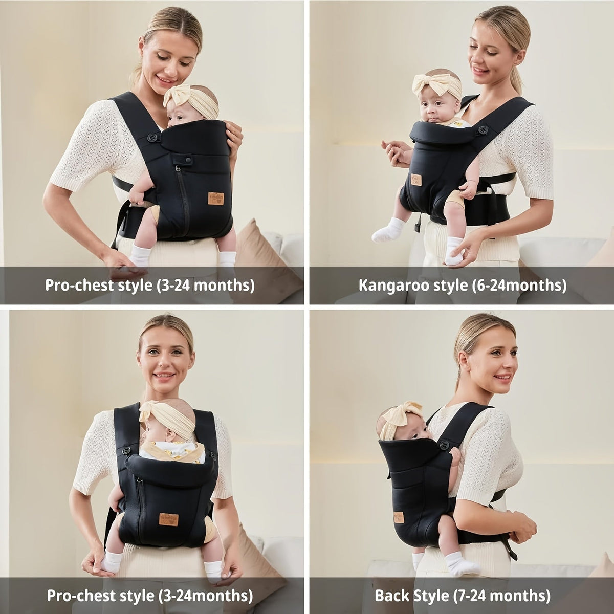 Vrbabies Ergonomic Baby Carrier & Chest Sling, Hands-Free Breathable Newborn to Toddler Wrap Carrier with Sitting Support, Infant Baby Wearing Sling for Moms & Dads, Dark Gray & Black