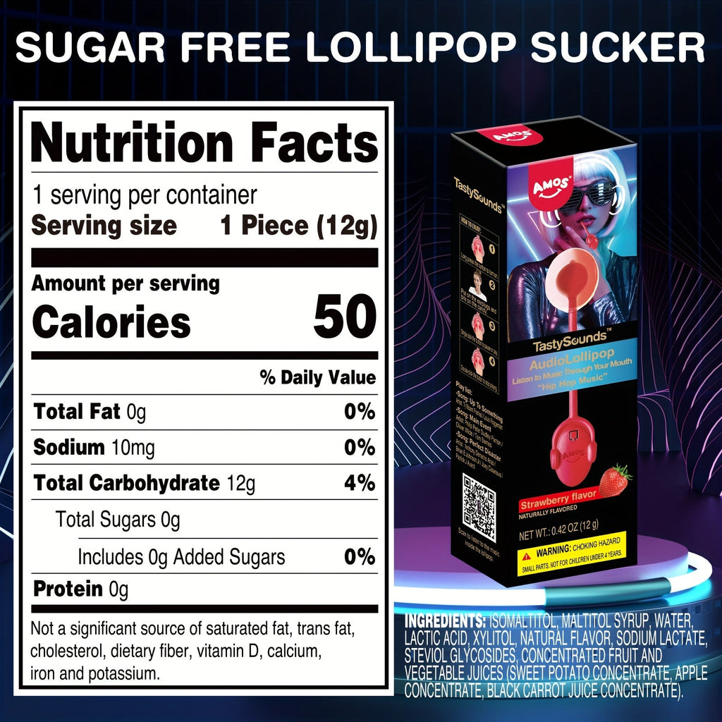 Amos TastySounds Music Lollipop Candy - 5-Pack Singing Audio Suckers, Individually Wrapped - Strawberry, Blueberry & Watermelon - Buy 4 Get 1 Free