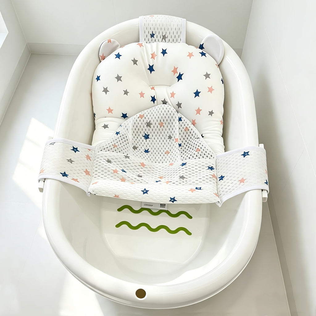 Baby Bath Mat with Star Pattern, 3-Point Adjustable Buckle Safety Baby Bathtub Mat with Breathable Mesh Bottom for Newborns 0–1 Year Old, Non-Slip Infant Bath Support Mat, White Star