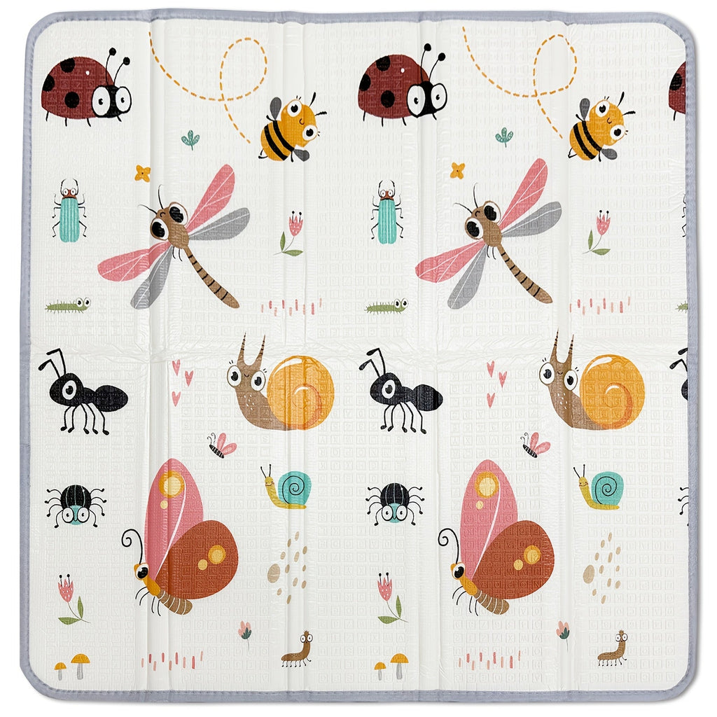 Foldable Safety Foam Baby Play Mat, 50 × 50 × 0.4 Inch Thick Reversible Double-Sided Portable Playpen Floor Mat for Travel & Daycare, Soft Cushioned Baby Activity Mat for Infants & Toddlers, Dragonfly & Geometric